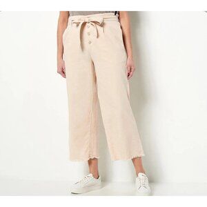 Side Stitch Luxe Denim Twill Button Front Wide Leg Crop L Beige BOHO A469978 NEW